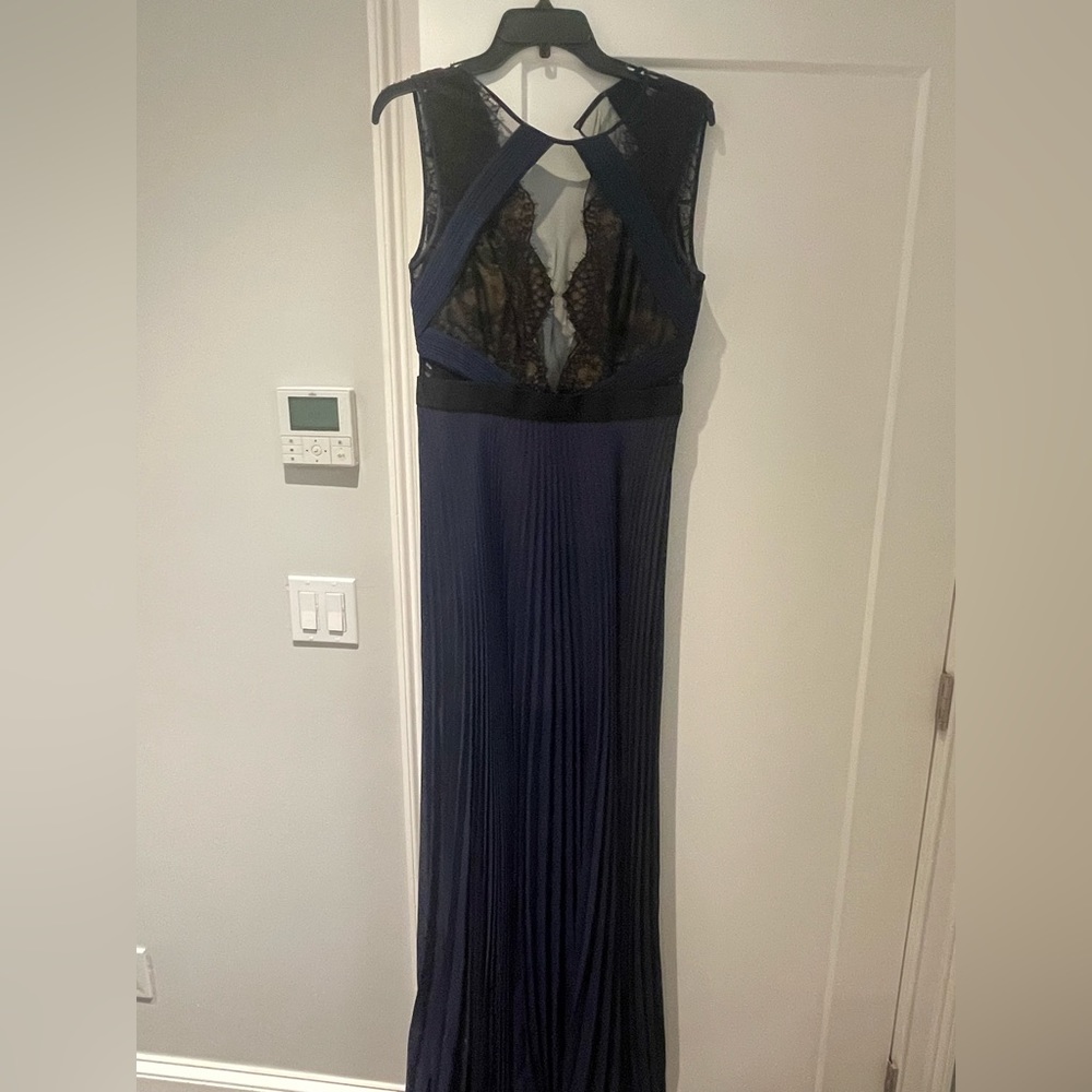 BCBG Max Azria black and blue chiffon maxi gown